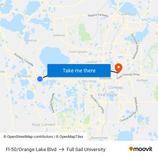 Fl-50/Orange Lake Blvd to Full Sail University map