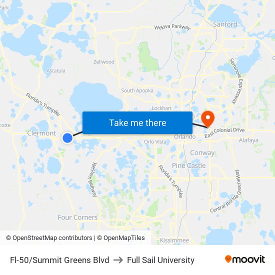 Fl-50/Summit Greens Blvd to Full Sail University map