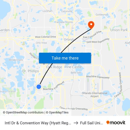 Intl Dr & Convention Way (Hyatt Regency Orlando) to Full Sail University map