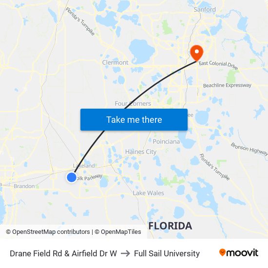 Drane Field Rd & Airfield Dr W to Full Sail University map