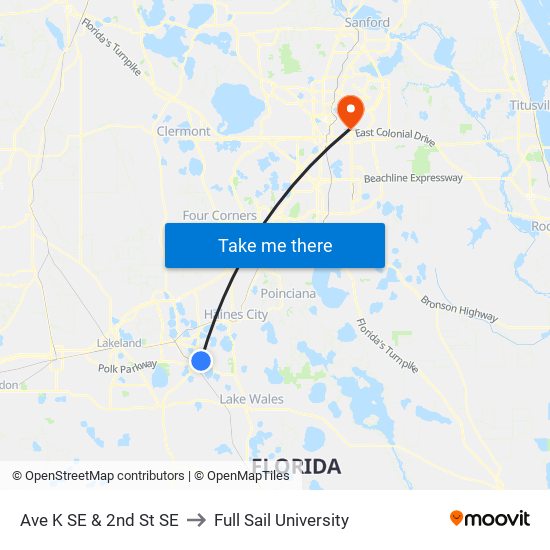 Ave K SE & 2nd St SE to Full Sail University map