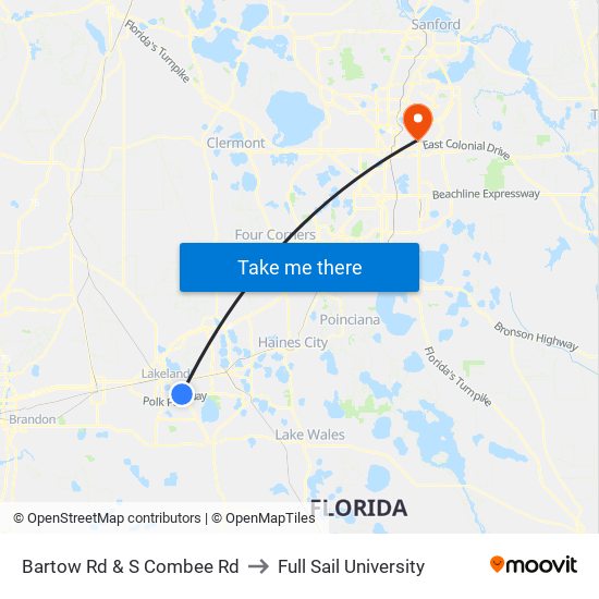 Bartow Rd & S Combee Rd to Full Sail University map