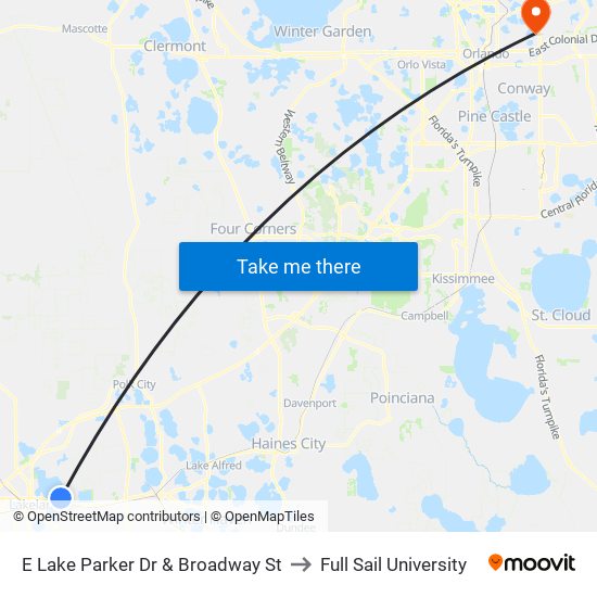 E Lake Parker Dr & Broadway St to Full Sail University map