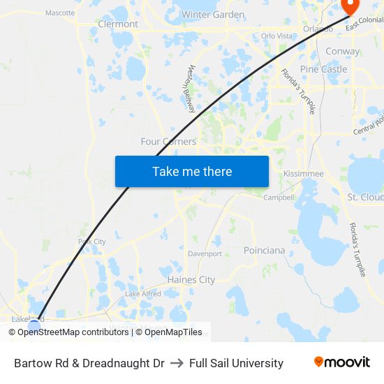 Bartow Rd & Dreadnaught Dr to Full Sail University map