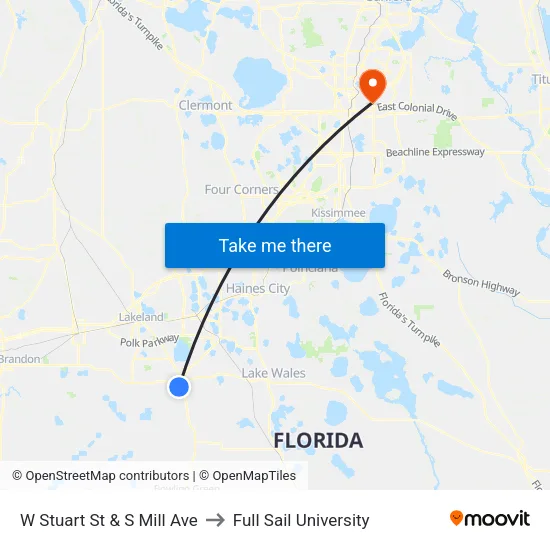 W Stuart St & S Mill Ave to Full Sail University map