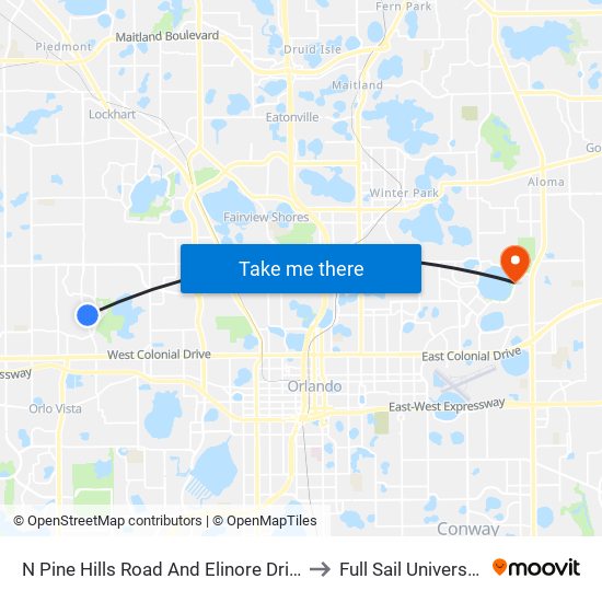 N Pine Hills Road And Elinore Drive to Full Sail University map
