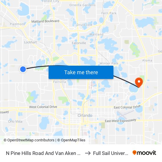 N Pine Hills Road And Van Aken Drive to Full Sail University map