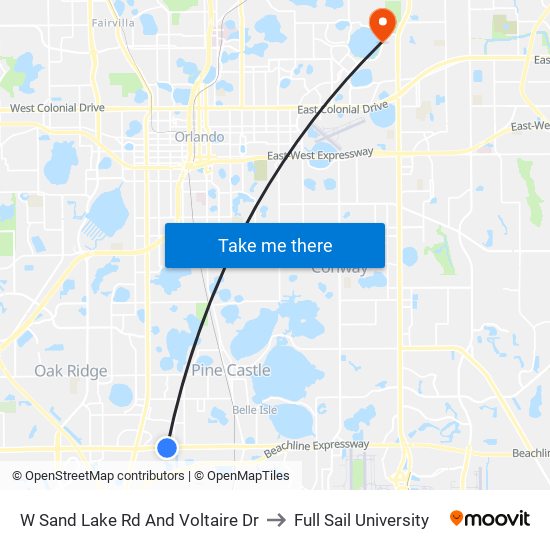 W Sand Lake Rd And Voltaire Dr to Full Sail University map