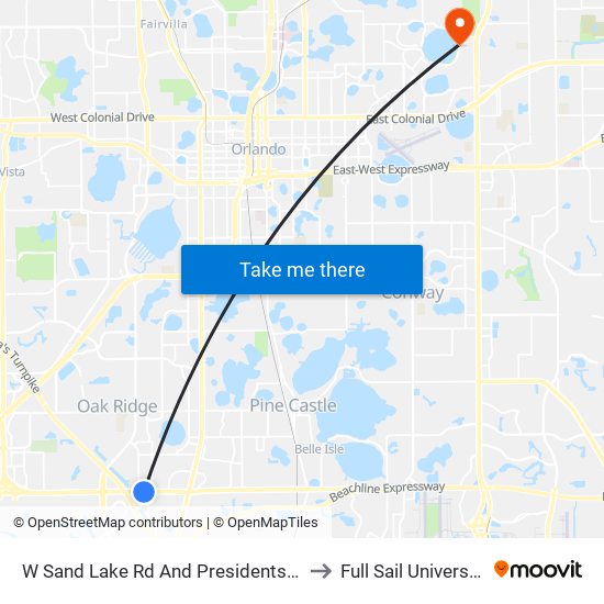 W Sand Lake Rd And Presidents Dr to Full Sail University map