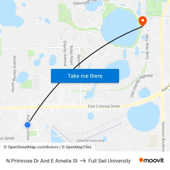 N Primrose Dr And E Amelia St to Full Sail University map