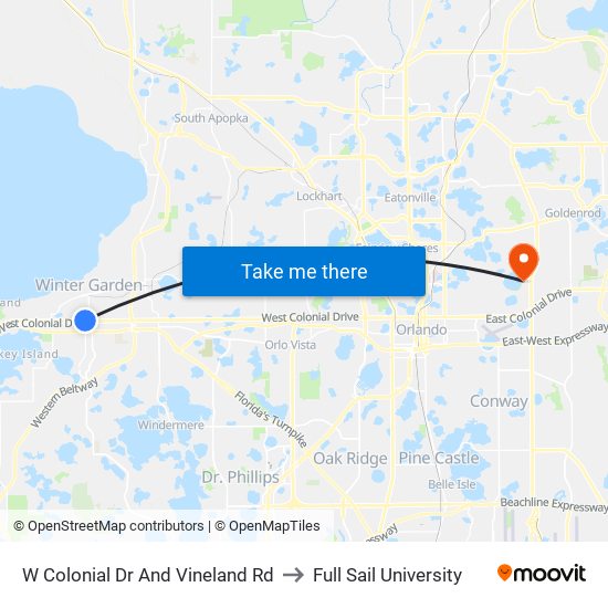 W Colonial Dr And Vineland Rd to Full Sail University map