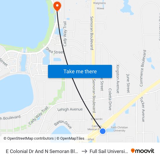 E Colonial Dr And N Semoran Blvd to Full Sail University map