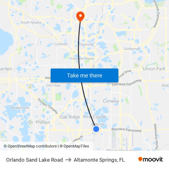 Orlando Sand Lake Road to Altamonte Springs, FL map