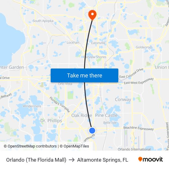 Orlando (The Florida Mall) to Altamonte Springs, FL map