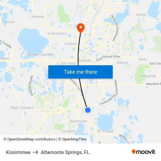 Kissimmee to Altamonte Springs, FL map