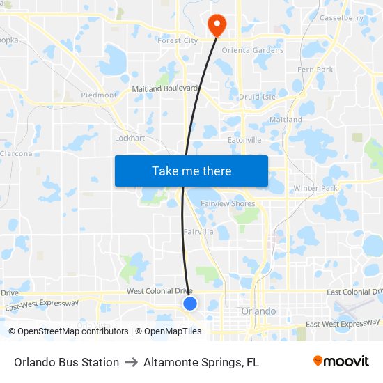 Orlando Bus Station to Altamonte Springs, FL map