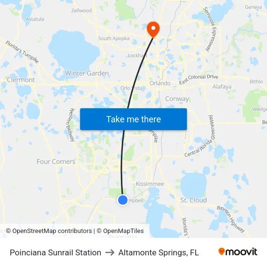 Poinciana Sunrail Station to Altamonte Springs, FL map