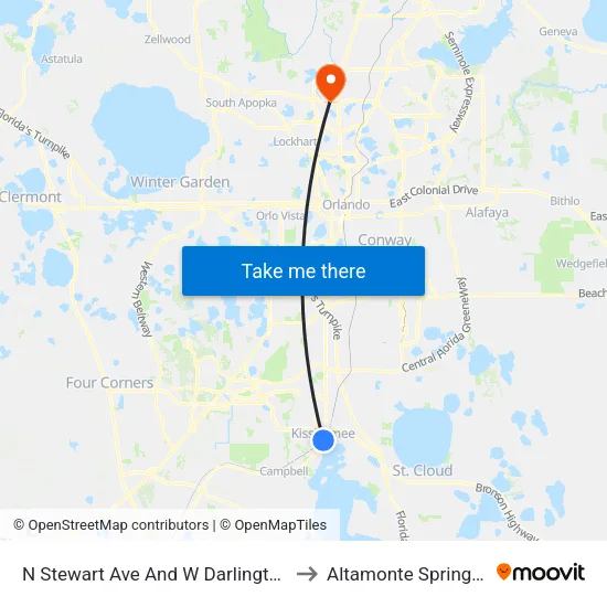 N Stewart Ave And W Darlington Ave to Altamonte Springs, FL map