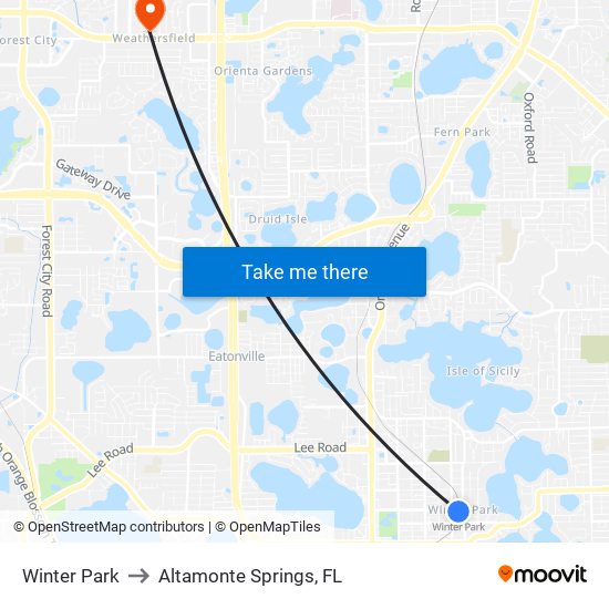 Winter Park to Altamonte Springs, FL map