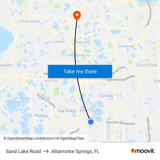 Sand Lake Road to Altamonte Springs, FL map