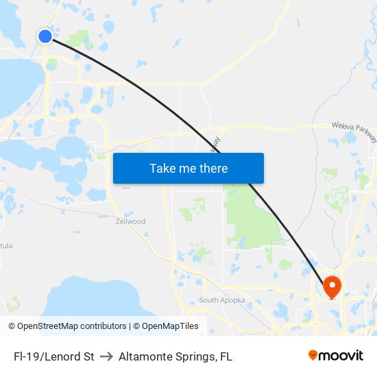 Fl-19/Lenord St to Altamonte Springs, FL map