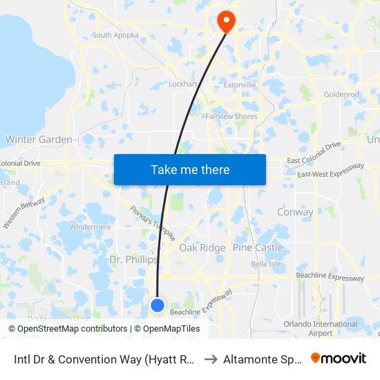 Intl Dr & Convention Way (Hyatt Regency Orlando) to Altamonte Springs, FL map