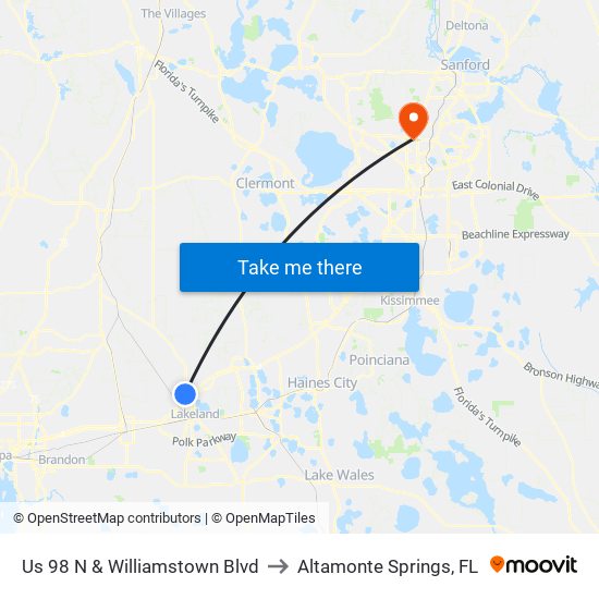 Us 98 N & Williamstown Blvd to Altamonte Springs, FL map
