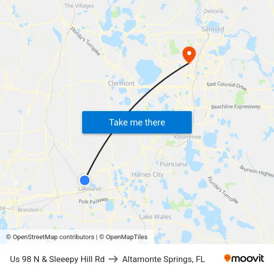 Us 98 N & Sleeepy Hill Rd to Altamonte Springs, FL map