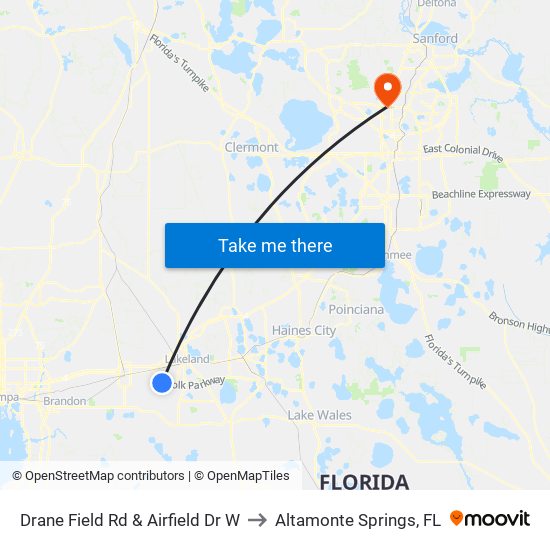 Drane Field Rd & Airfield Dr W to Altamonte Springs, FL map