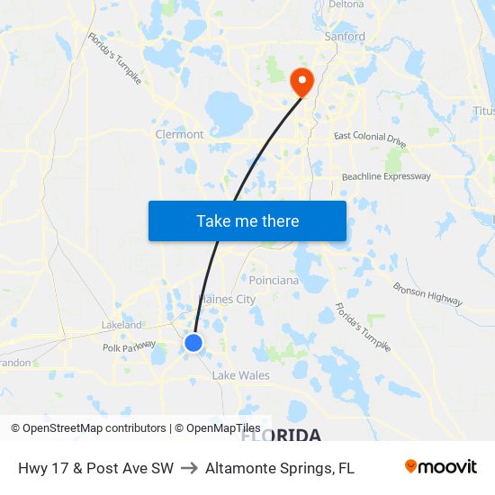 Hwy 17 & Post Ave SW to Altamonte Springs, FL map