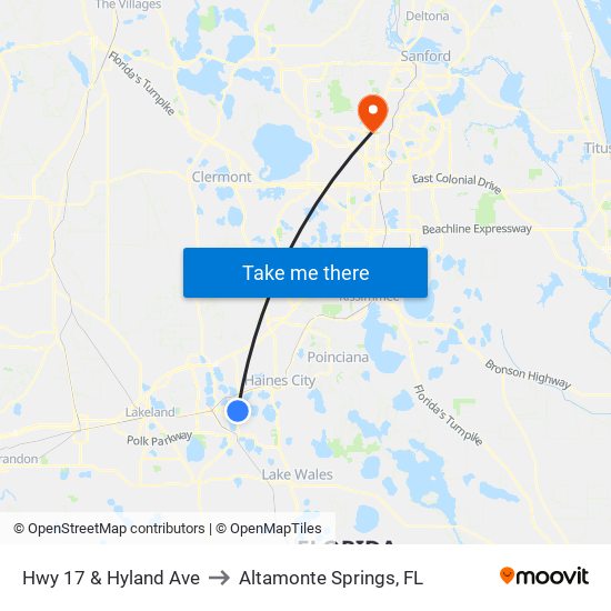 Hwy 17 & Hyland Ave to Altamonte Springs, FL map