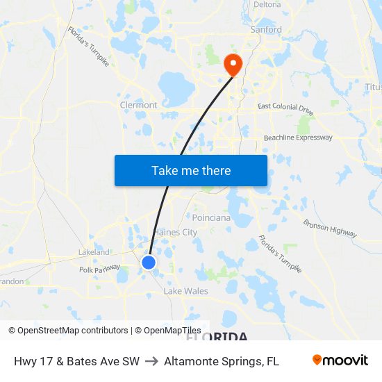 Hwy 17 & Bates Ave SW to Altamonte Springs, FL map