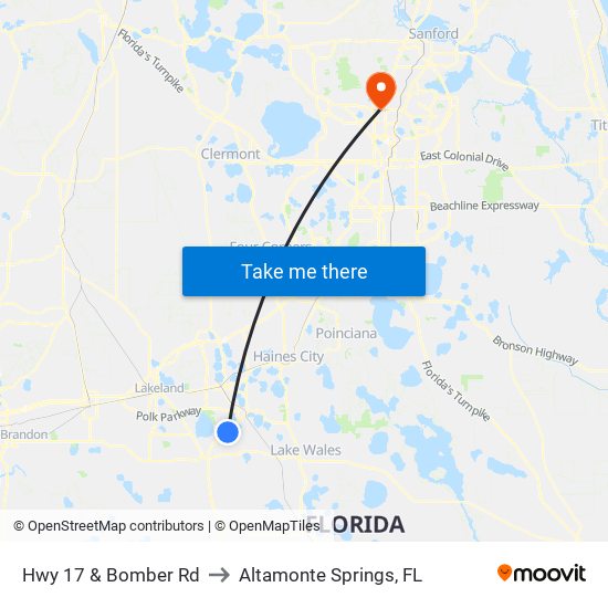 Hwy 17 & Bomber Rd to Altamonte Springs, FL map