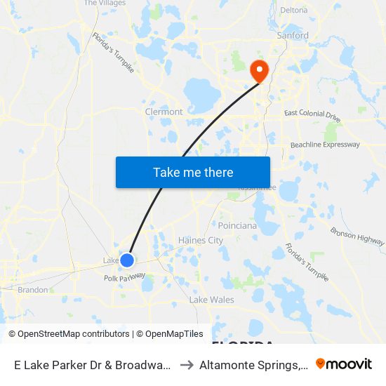 E Lake Parker Dr & Broadway St to Altamonte Springs, FL map