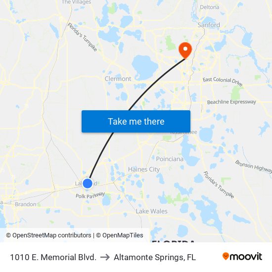 1010 E. Memorial Blvd. to Altamonte Springs, FL map