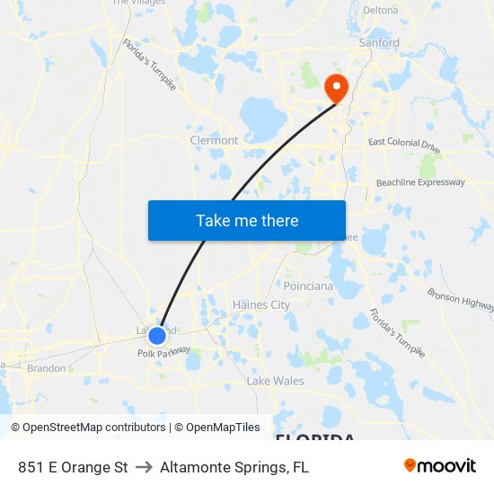 851 E Orange St to Altamonte Springs, FL map