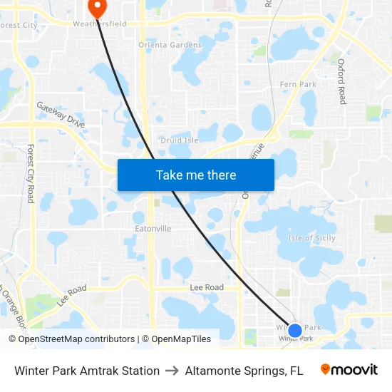 Winter Park Amtrak Station to Altamonte Springs, FL map