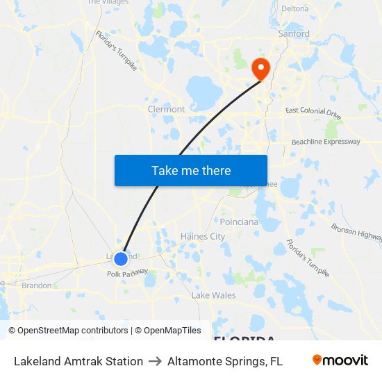 Lakeland Amtrak Station to Altamonte Springs, FL map