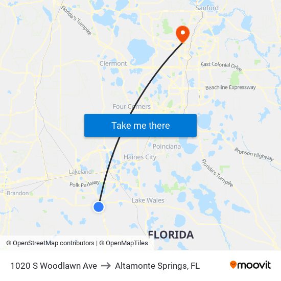 1020 S Woodlawn Ave to Altamonte Springs, FL map