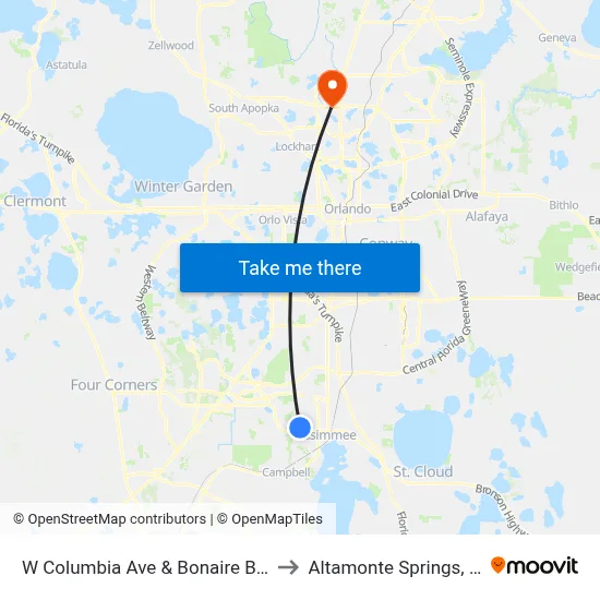 W Columbia Ave & Bonaire  Blvd to Altamonte Springs, FL map