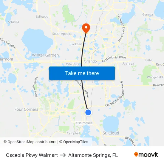 Osceola Pkwy Walmart to Altamonte Springs, FL map