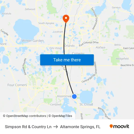 Simpson Rd & Country Ln to Altamonte Springs, FL map