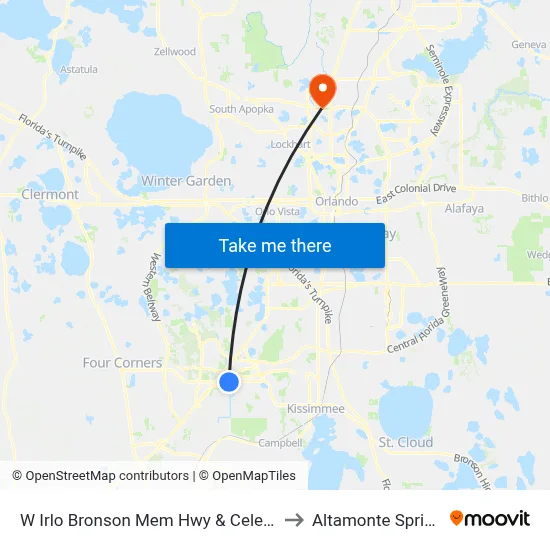 W Irlo Bronson Mem Hwy & Celebration Ave to Altamonte Springs, FL map