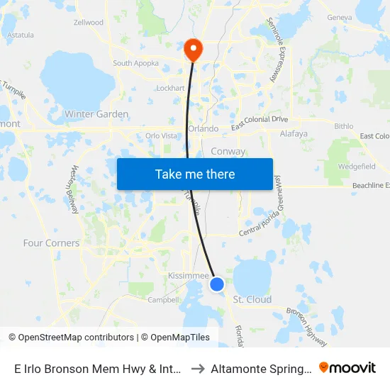E Irlo Bronson Mem Hwy & Interior St to Altamonte Springs, FL map