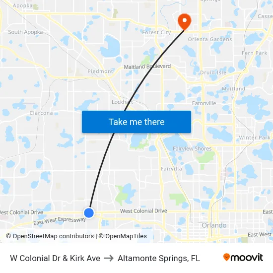 W Colonial Dr & Kirk Ave to Altamonte Springs, FL map