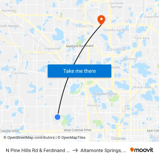N Pine Hills Rd & Ferdinand Dr to Altamonte Springs, FL map