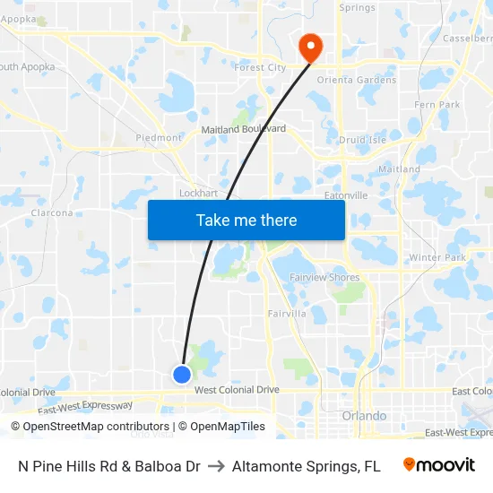 N Pine Hills Rd & Balboa Dr to Altamonte Springs, FL map