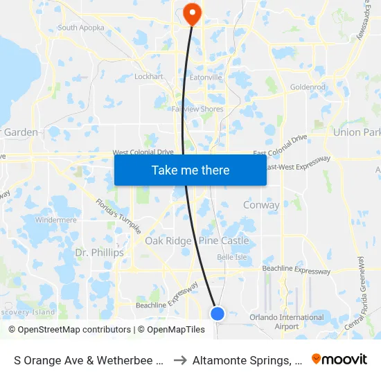 S Orange Ave & Wetherbee Rd to Altamonte Springs, FL map