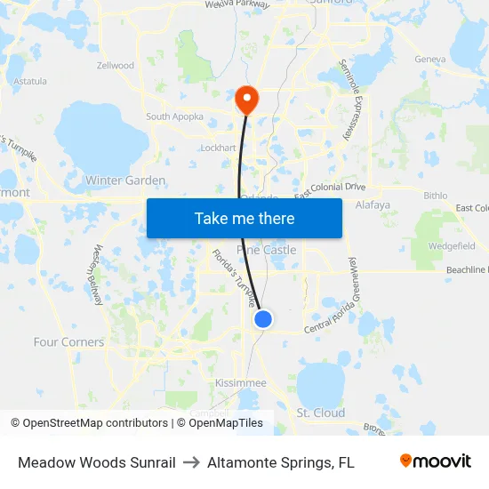 Meadow Woods Sunrail to Altamonte Springs, FL map