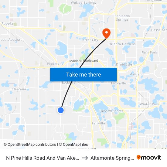 N Pine Hills Road And Van Aken Drive to Altamonte Springs, FL map